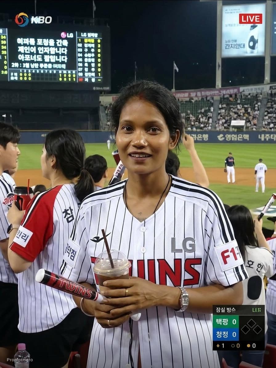 AI generated: Create an ultra-realistic candid KBO baseball broadcast screenshot of the same woman accidentally ca...