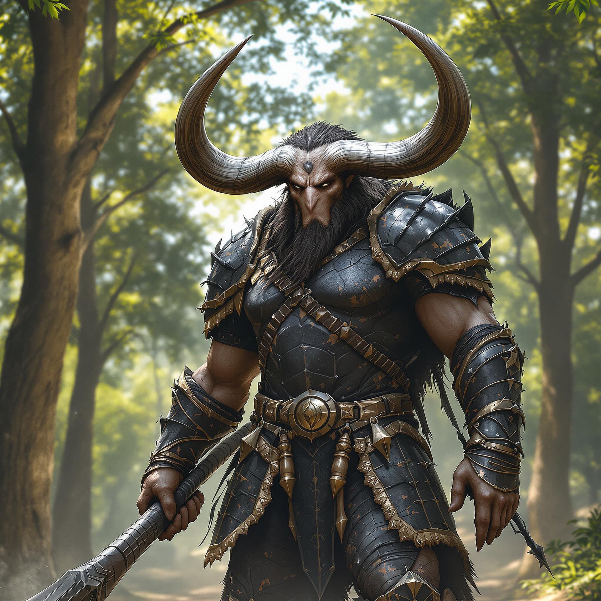 AI generated: A minotaur warrior, his face with humanoid features, dressed in battered black armor, walks imposing...