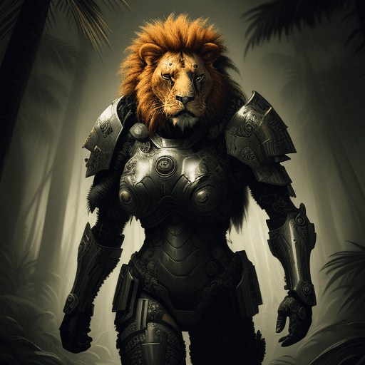 AI generated: cyberpunk lion in battle armor against a dense tropic forest background Chiaroscuro Sgraffito 