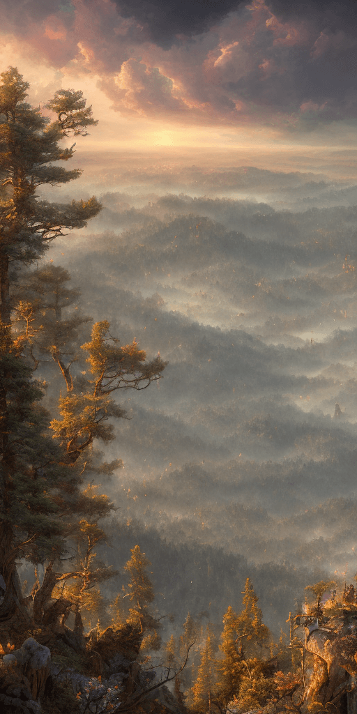AI generated: view of a  big valley from the top of a mountain near to the ocean
,spring, pine forest, red clouds ...