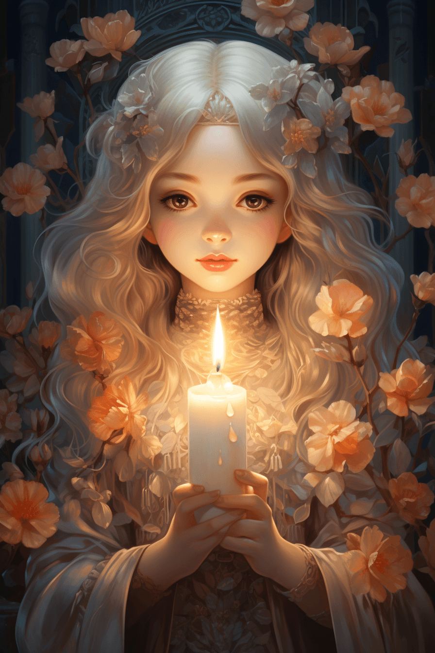 AI generated: A woman holding a crystal candle in front of flower trees, in the style of artgerm, charming charact...