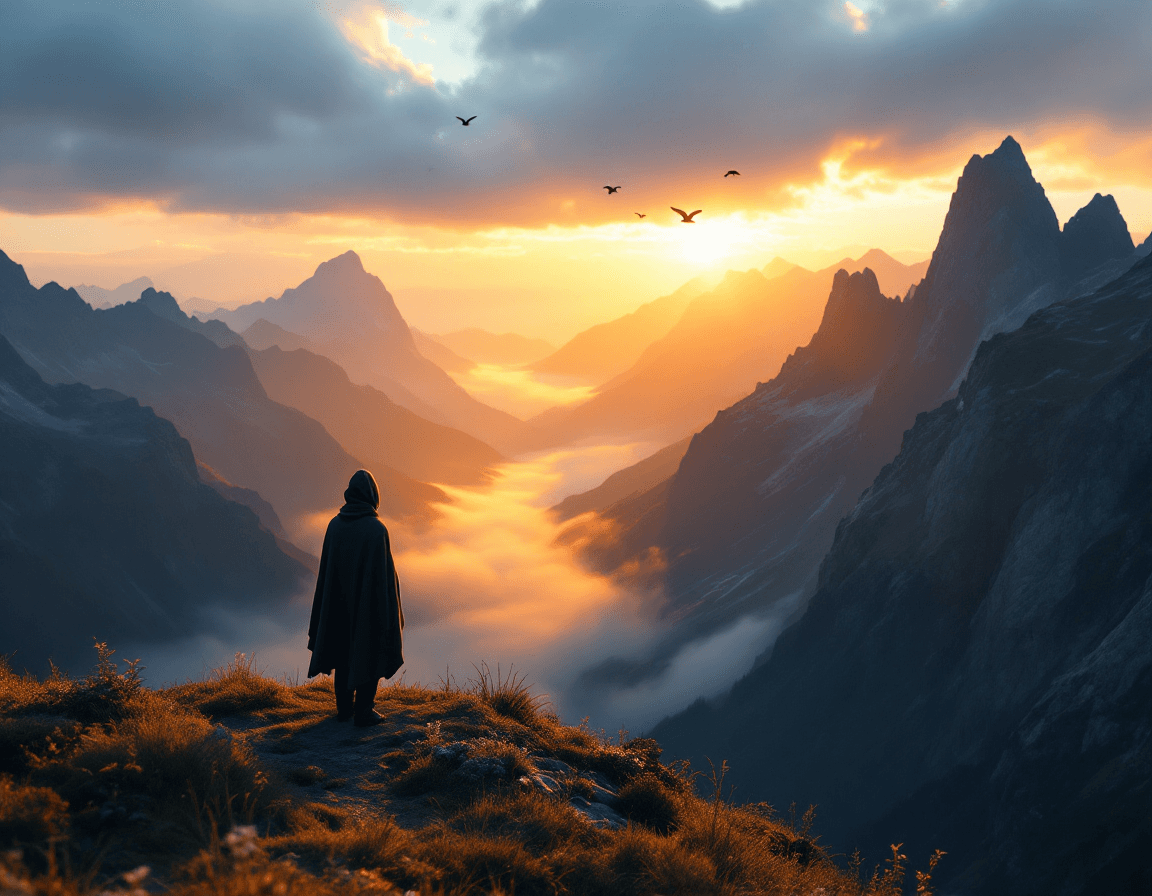AI generated: High on a quiet, grassy mountainside, a lone figure wrapped in a blanket stands at the edge of a cli...
