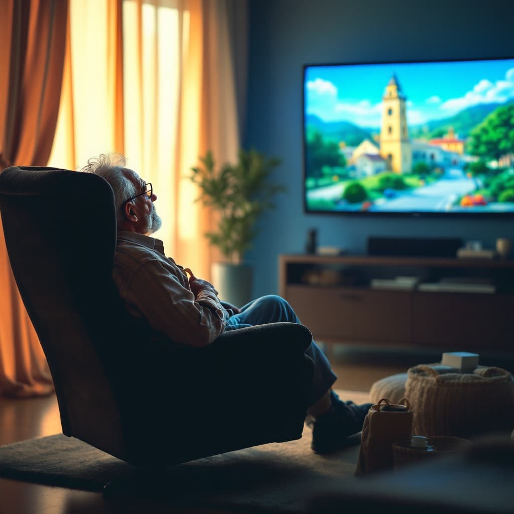 AI generated: A old man sitting in his chair watching TV, having just arrived from the market
