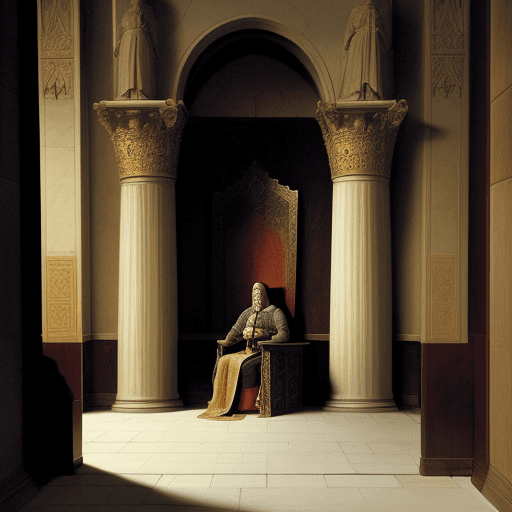 AI generated: A servant sits in front of one king in an empty throne room, medieval, side view