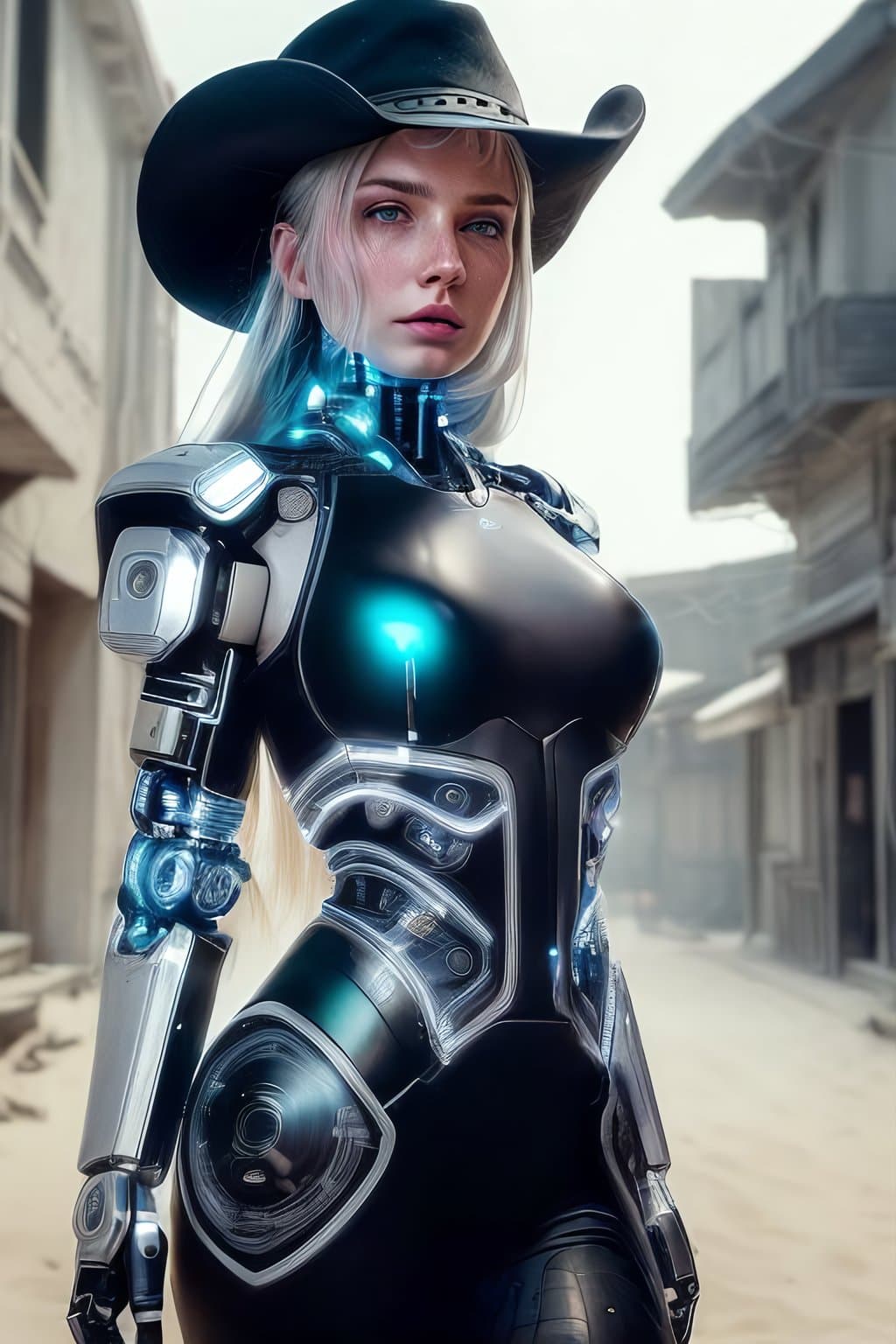 AI generated: Exhaustive, RAW photo, front facing, (clothed), of (alluring half-human-ai hybrid female with cybern...