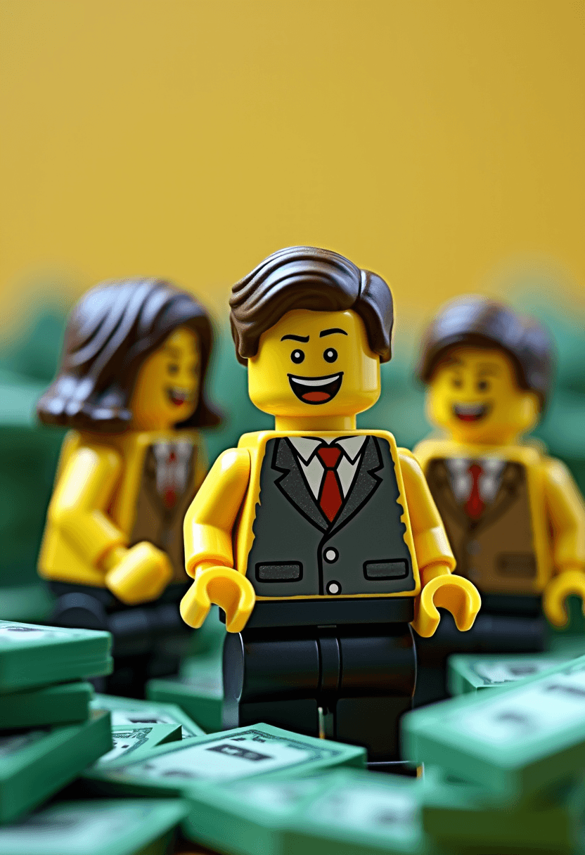 AI generated: Create a vibrant and lively scene featuring LEGO minifigures dressed as business professionals, surr...