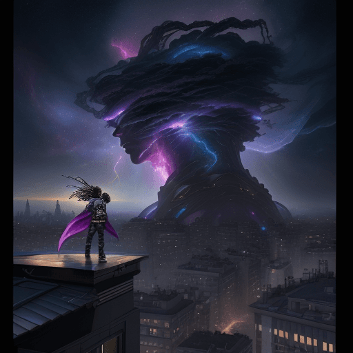 AI generated: a Black 13 yr old boy with dreadlocks stands on an apartment building rooftop overlooking the busy c...