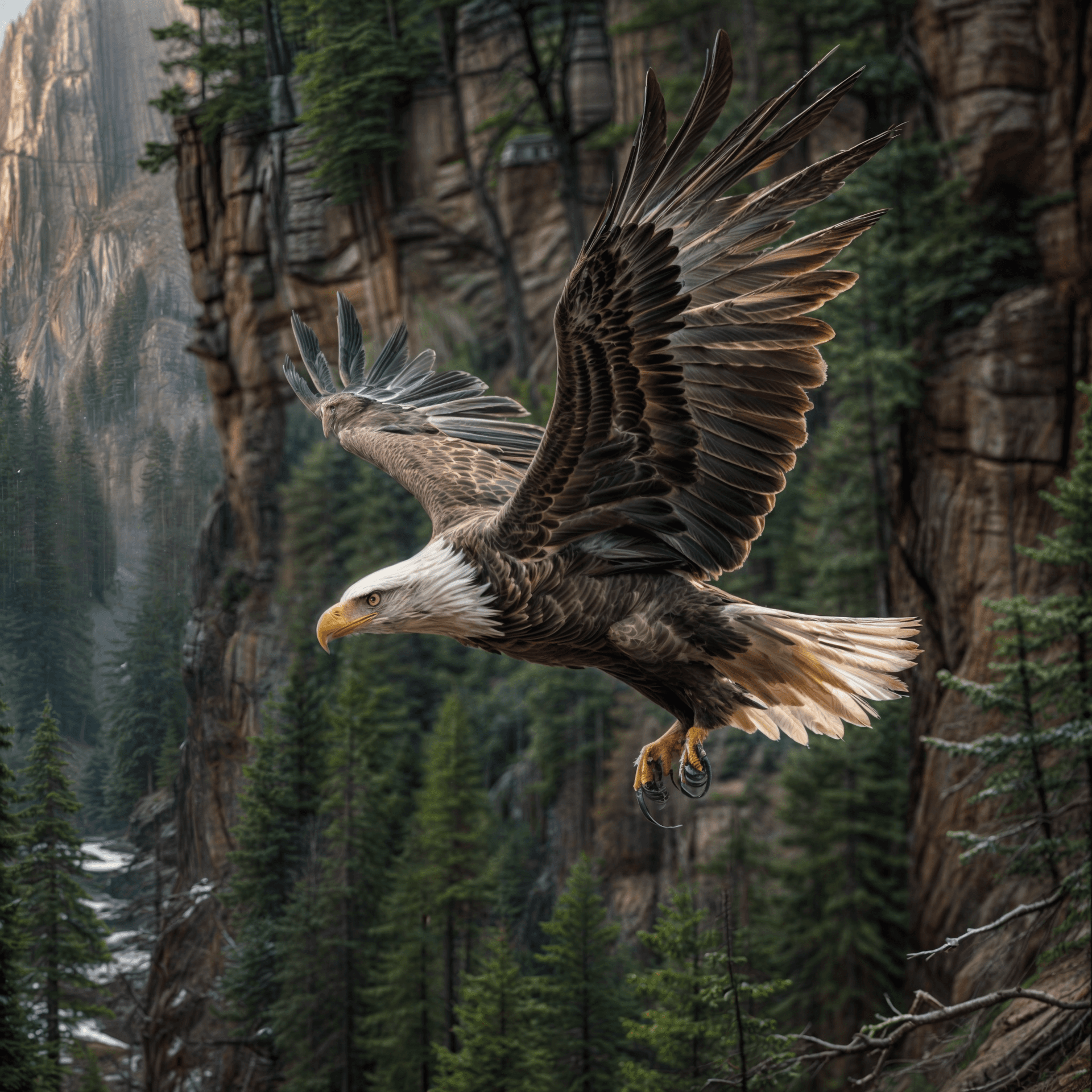 AI generated: Oil painting of a majestic eagle soaring above a forested canyon, 4k resolution, ultra-detailed brus...