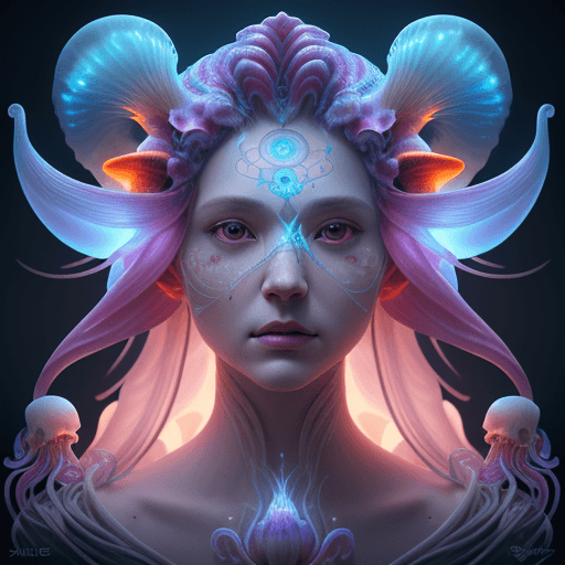 AI generated: Goddess close-up portrait ribcagel. jellyfish phoenix head, nautilus, orchid, skull, betta fish, bio...