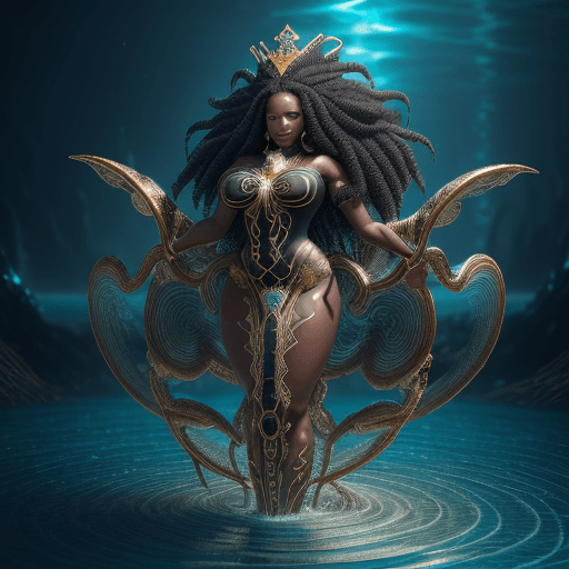 AI generated: beautiful black woman Queen of ocean in spiral wave water, background glorious , perfect face, reali...