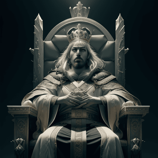 AI generated: Photo of crowned king on throne , dramatic light, pale sunrise, cinematic lighting, battered, low an...