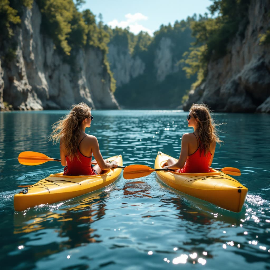 AI generated: two pertty female,Kayaking - Paddle through serene waters and hidden coves.