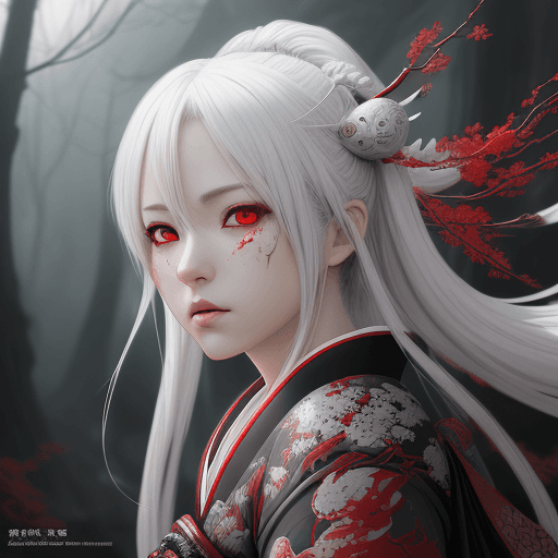 AI generated: painting, fantasy, japan, anime, in the style of realistic hyper-detailed rendering, dark white and ...