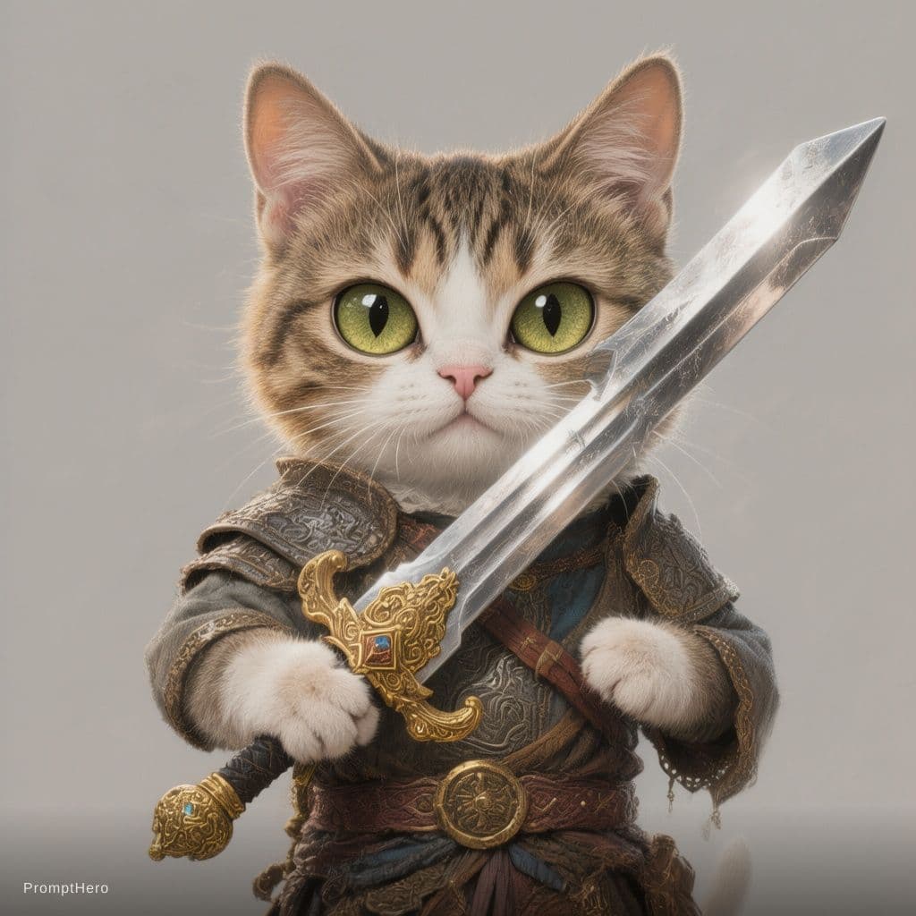 AI generated:  fantasy illustration of a cat holding a sword, in the style of krenz cushart, utilitarian, skottie ...