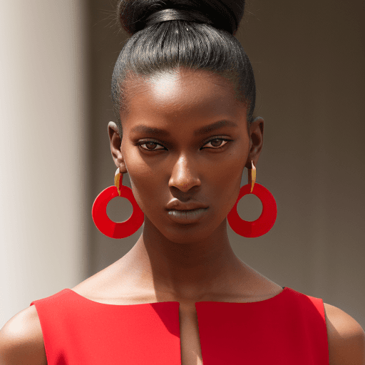 AI generated: A closeup photo of a minimal modern fashion show model wearing a RED outfit with large gold earrings...