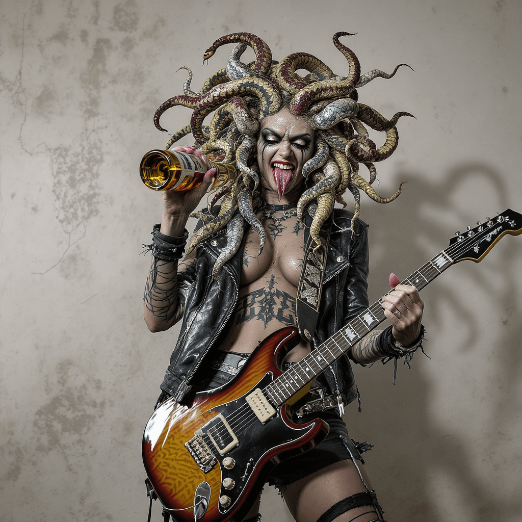 AI generated: Conceptual 3D render image of a drunk punk Medusa the legendary Gorgon of Greek mythology, with her ...