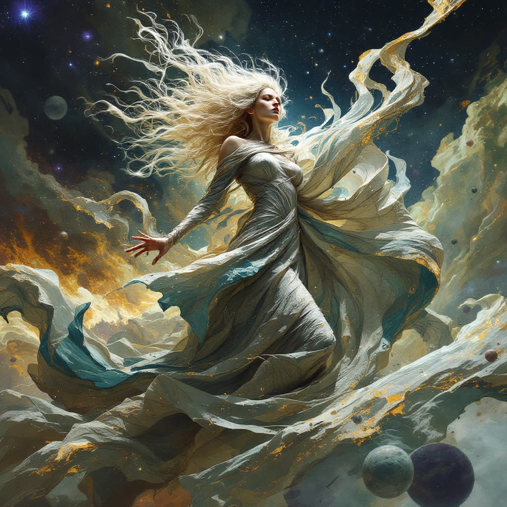 AI generated: A mysterious space binder, her form seeming to warp and bend as she navigates a realm where the dime...