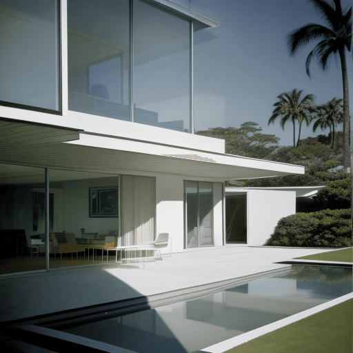 AI generated: Hyper realistic eye level exterior photo of a mid century modern style house overlooking the ocean, ...