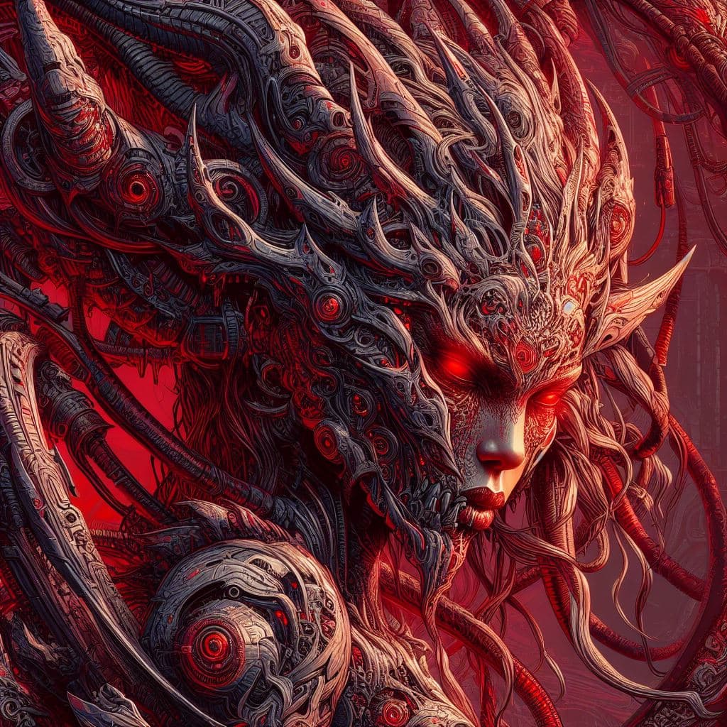 AI generated: CarnageStyle:blood_red:1.3 gorgeous cybernetic demon woman, illustration oil painting, intricate det...