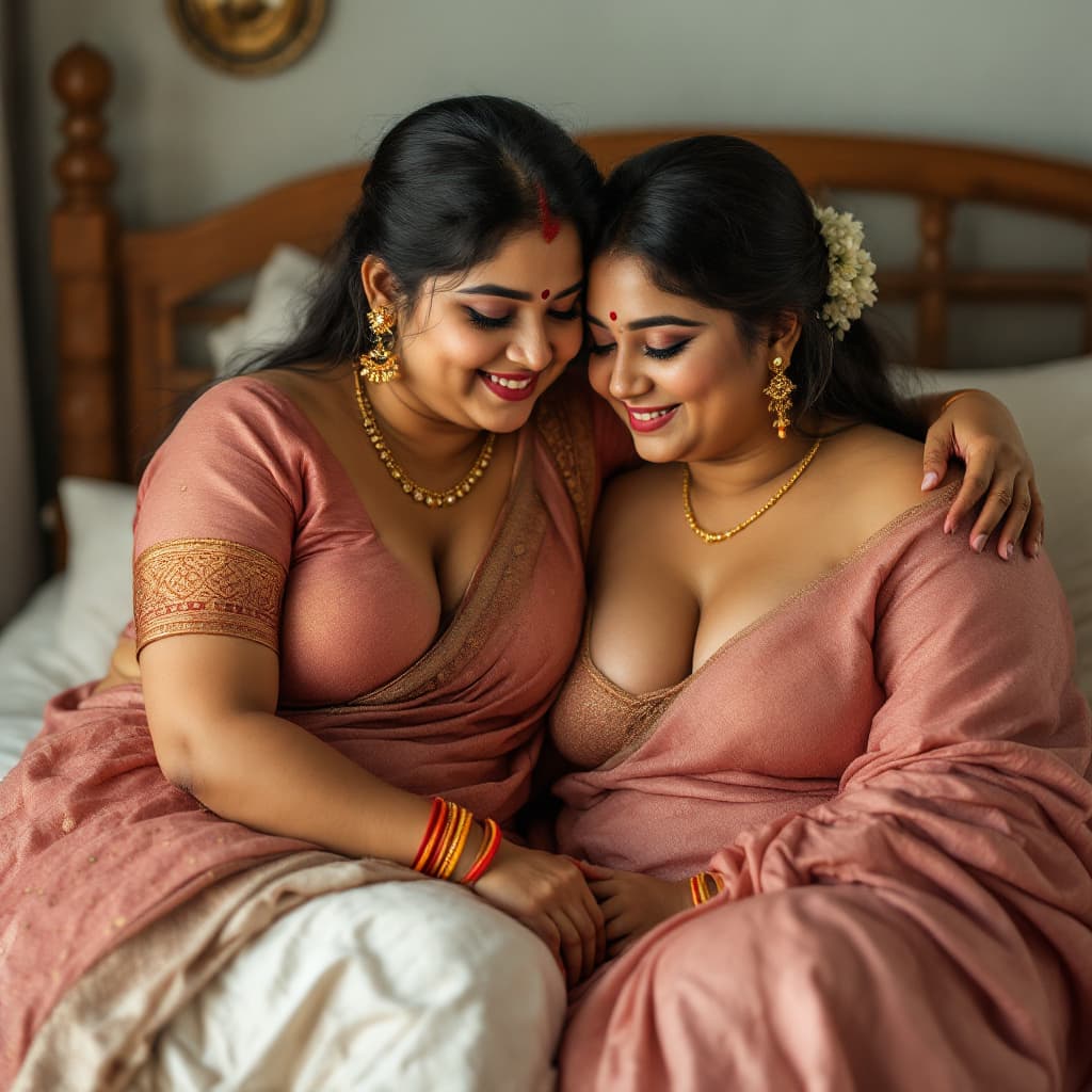 AI generated: A 24 year fair ,chubby ,  indian girl wearing only a deep neck blouse showing cleavage  sharing a be...
