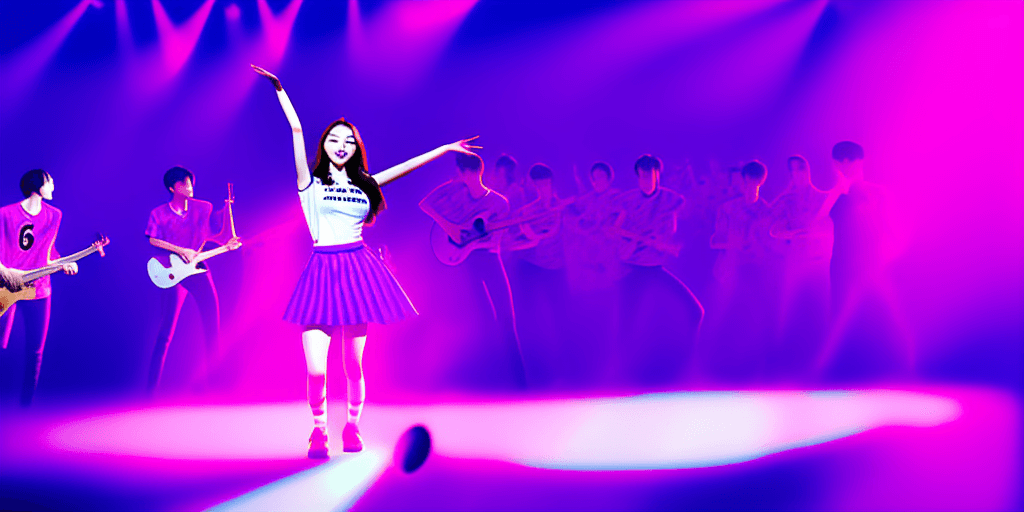 AI generated: A high-definition image depicting Nayeon, the Korean idol, energetically dancing on stage while wear...
