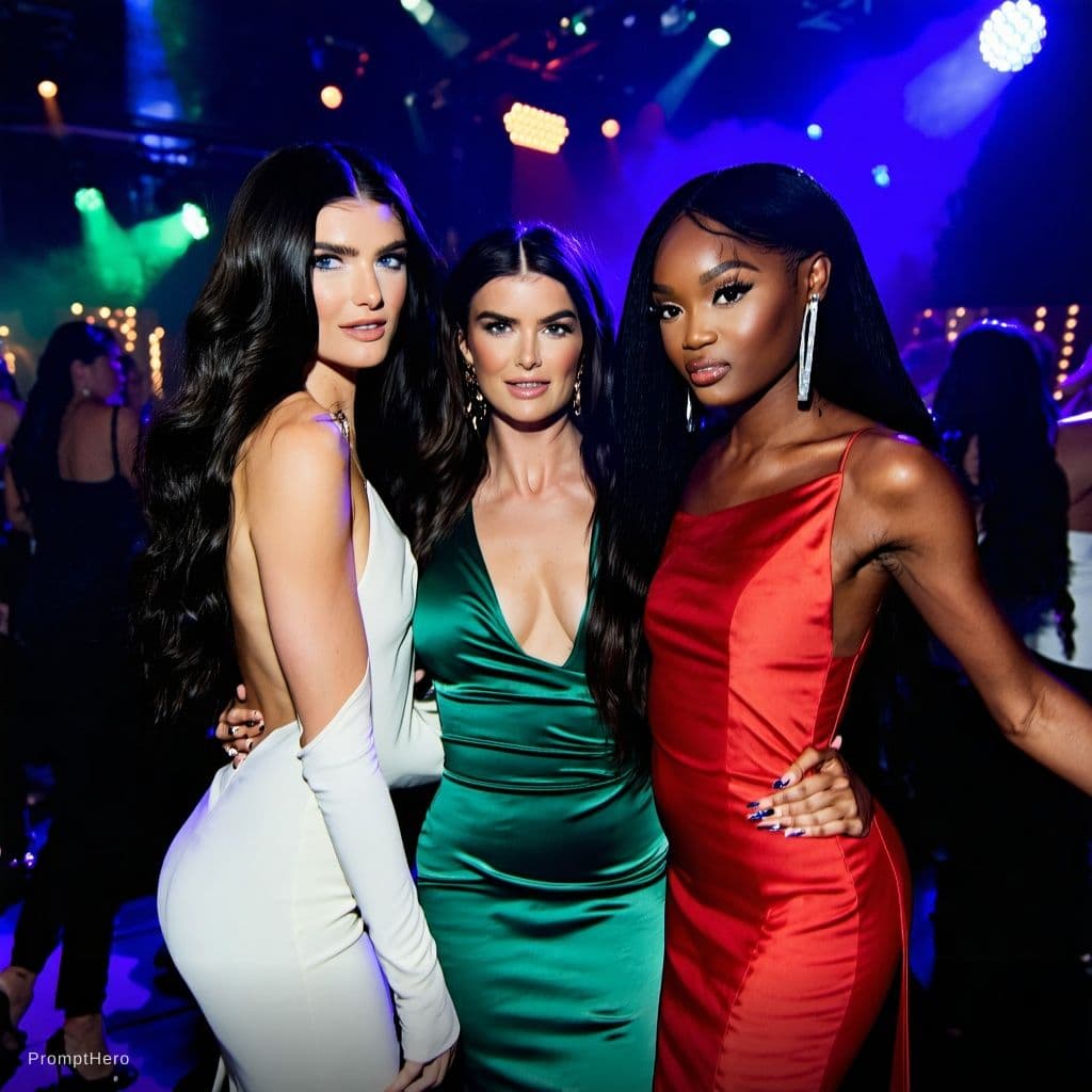 AI generated: "Three stunning women dancing together in a luxurious dark nightclub,

one very similar to Alexandra...