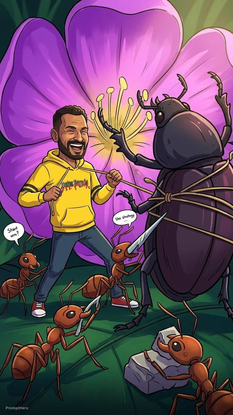 AI generated: An animation of several ants working together to defeat a giant villain in a flower.