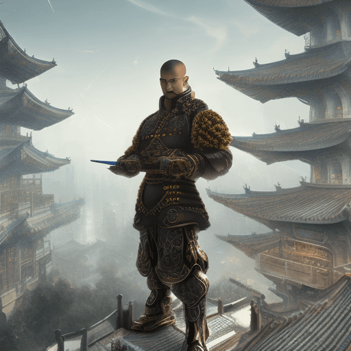 AI generated: (masterpiece, best quality, detailed)), outdoor arena, wind_lift, asian Wu Jing as cyberpunk soldier...