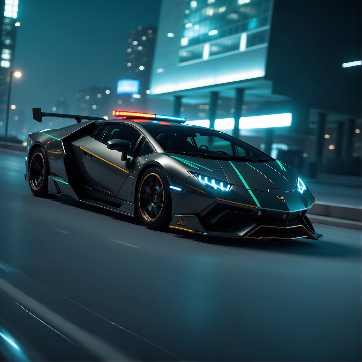 AI generated: Futuristic Concept Lamborghini Police Car with Luxury features and metallic black with polished blue...