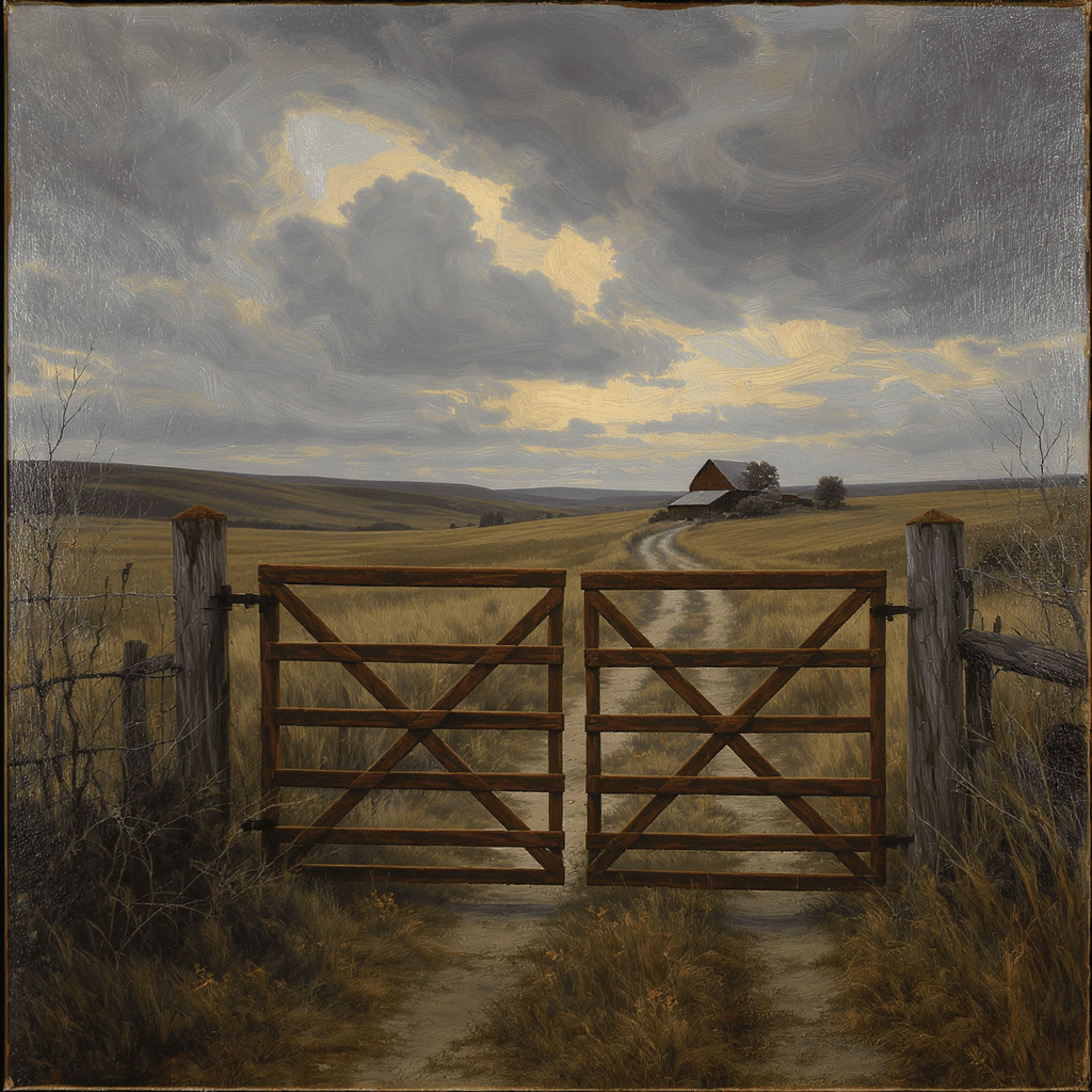 AI generated: Moody Oil Painting, A pair of old, rusted farm gates in the foreground, slightly ajar, with a long, ...