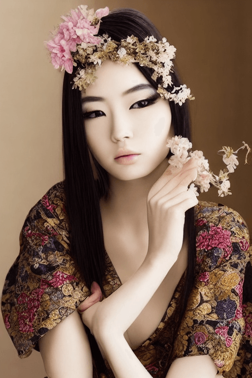 AI generated: Beautiful Japanese woman, porcelain skin, flawless and radiant, ethereal beauty, monolid eyes dark a...