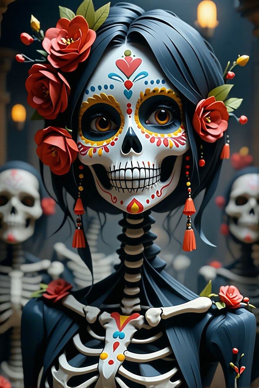 AI generated: day of the dead, in the style of Unreal Engine 5, caricature-like illustrations, exaggerated facial ...
