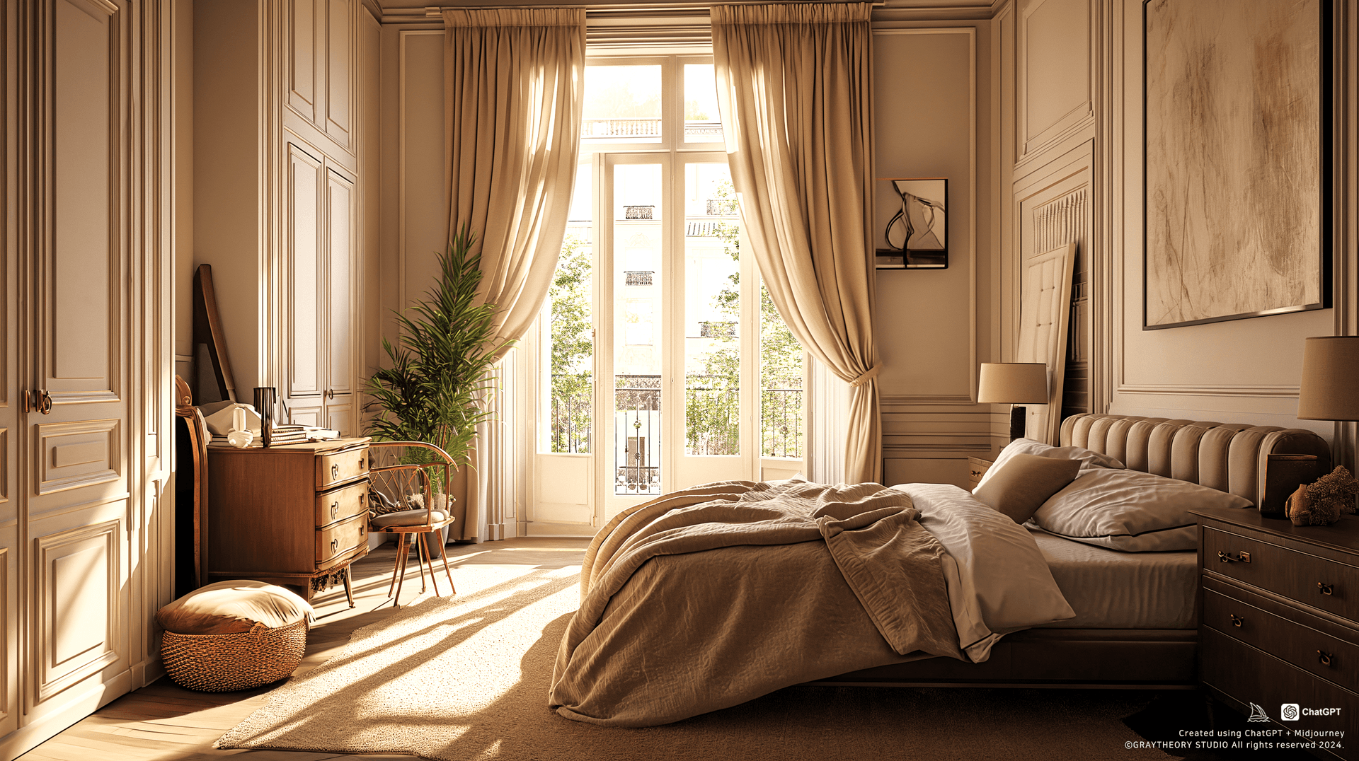 AI generated: elegant Parisian bedroom, chic décor and plush textiles, soft morning light entering through French ...