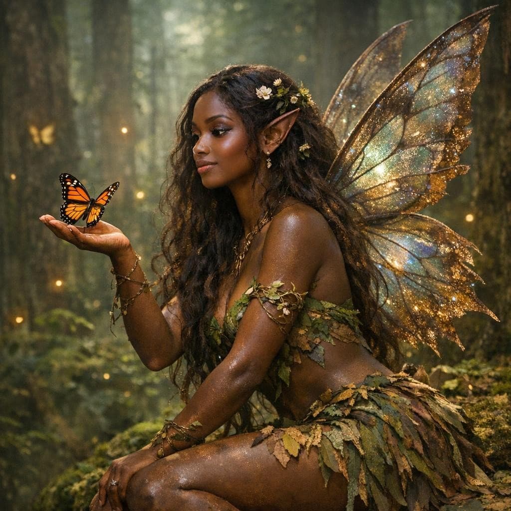 AI generated: forest, dark-brown-skinned fairy, butterfly