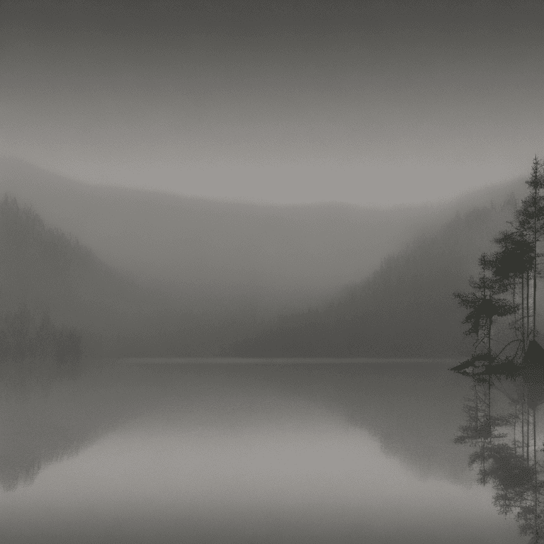 AI generated: High resolution photography foggy lake, hills and trees in the top back, photo realistic, cinematic