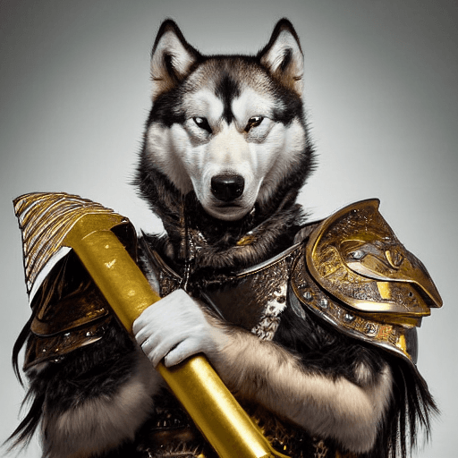 AI generated: anthropomorphic old huskie warrior (long haired, wind, epic fur, gold and diamond armor). Baryta fan...