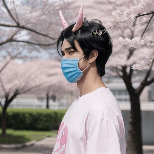 AI generated: Create from a profile view a character of a young man with messy black hair, wearing a pink oni mask...