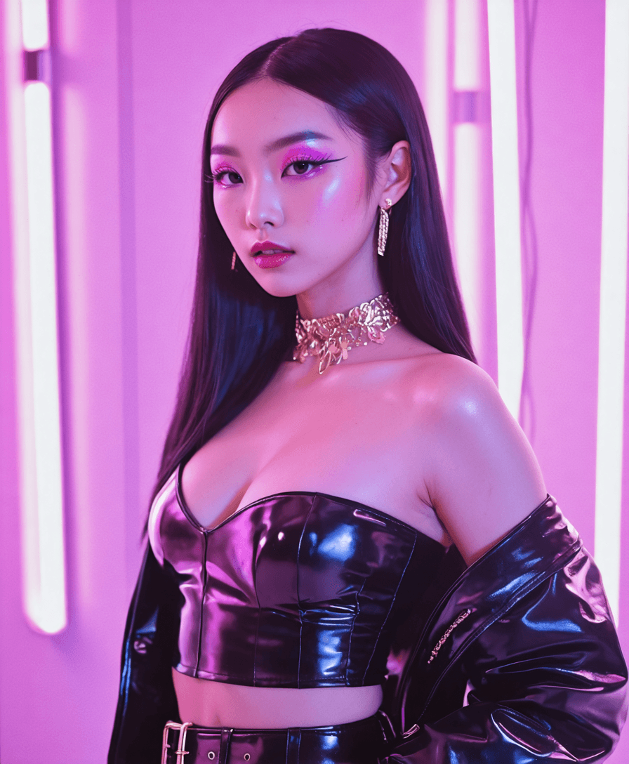 AI generated: A hyper-realistic portrait of a stunning East Asian woman with long, sleek black hair and vibrant pi...