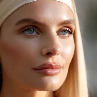 AI generated video: light beige silk hair band on a woman with straight blonde hair and blue eyes.