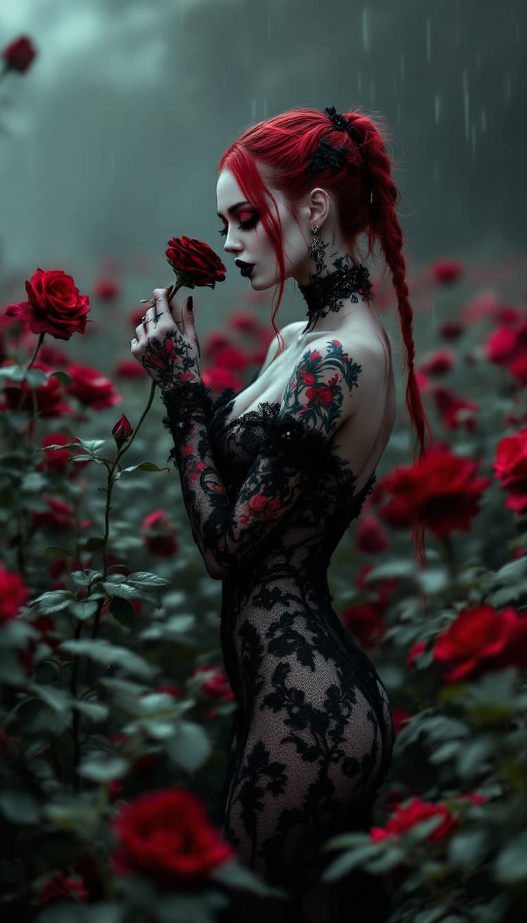 AI generated: A realistic, head to toe photo a fit, thin, perfect body, very pale female standing in a field of bl...