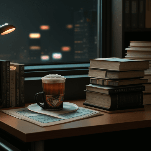 AI generated: A stack of books on the office desk with a cup of tea beside it, cyberpunk