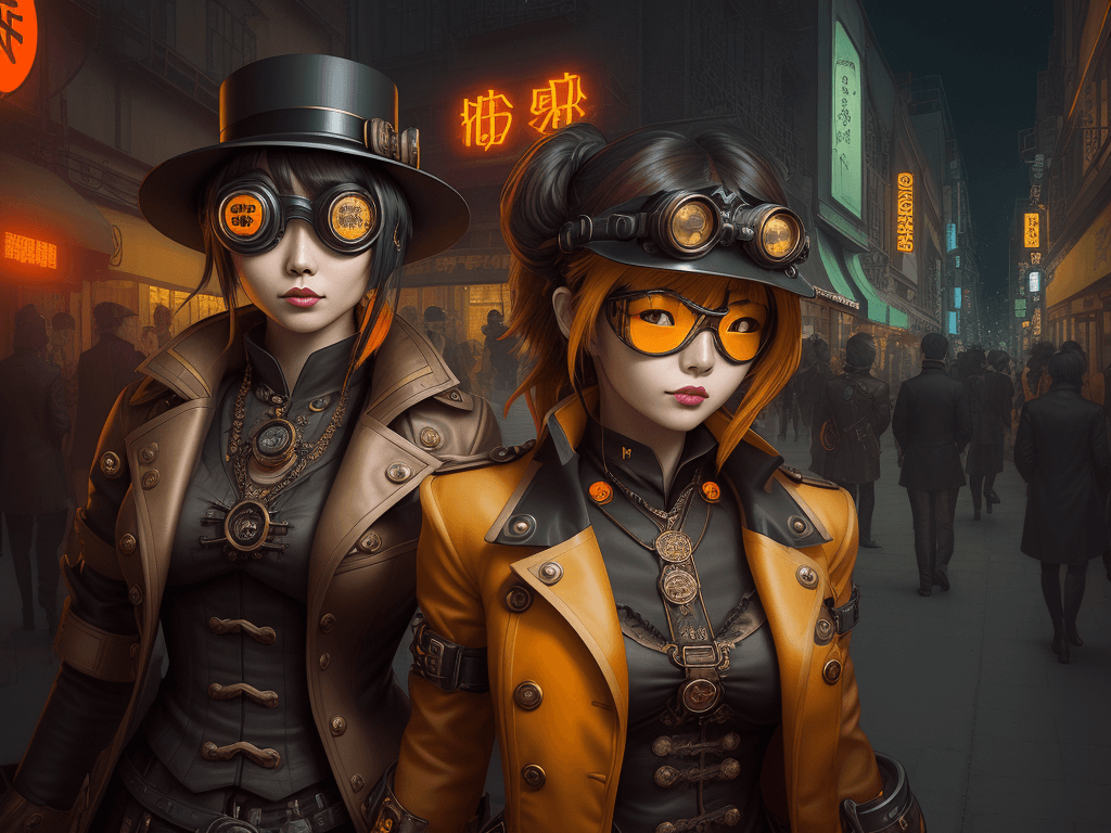 AI generated: woman in steampunk street fashion, city lights, night, goggles, yoko yamashita, in the style of futu...