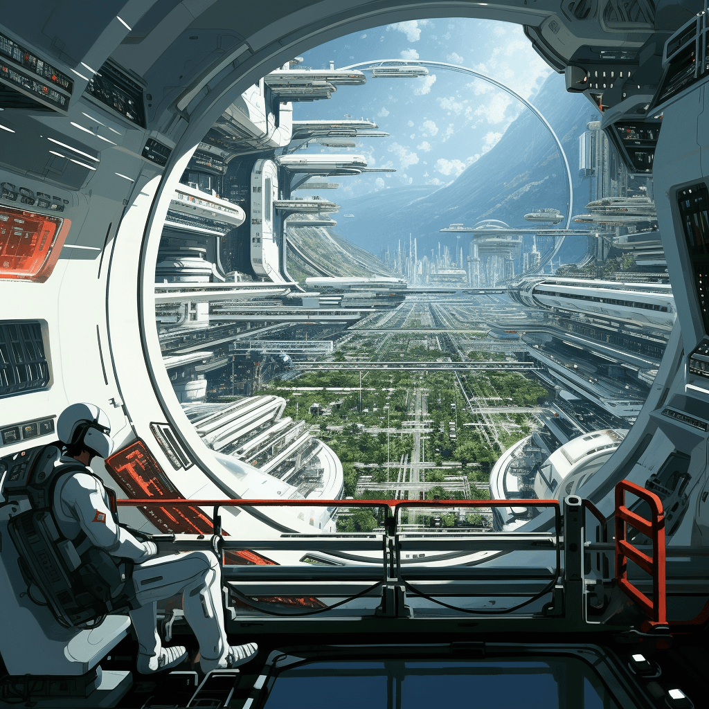 AI generated: Inside spaceship, Tsutomu Nihei style, Sidonia no Kishi, gigantism, laser generator, multi-story spa...