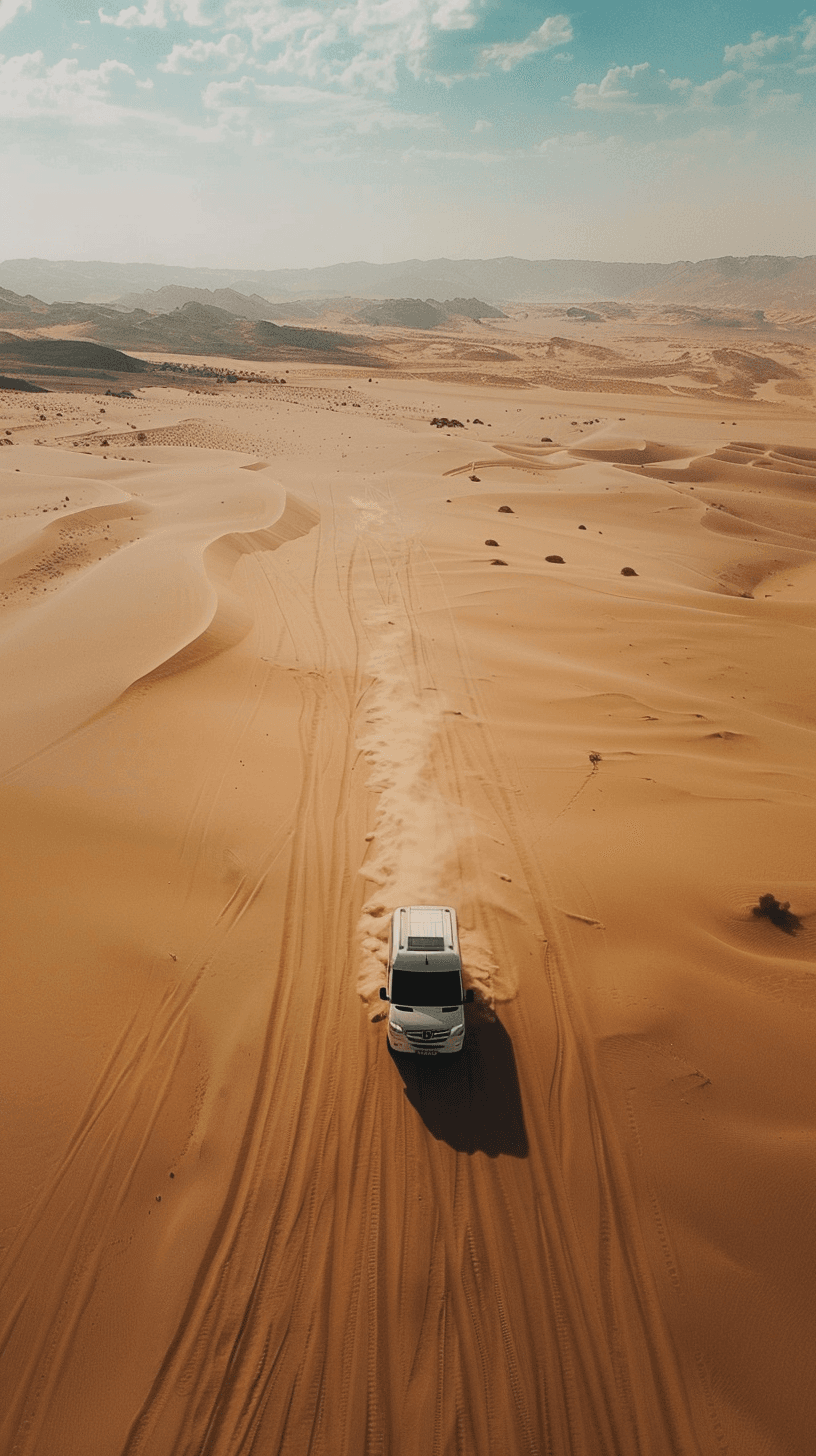 AI generated: 
Mercedes Benz Hymer B-Klasse ML-T 780 offroad dirt driving jump sand dunes, Drone shot, Midday, Br...