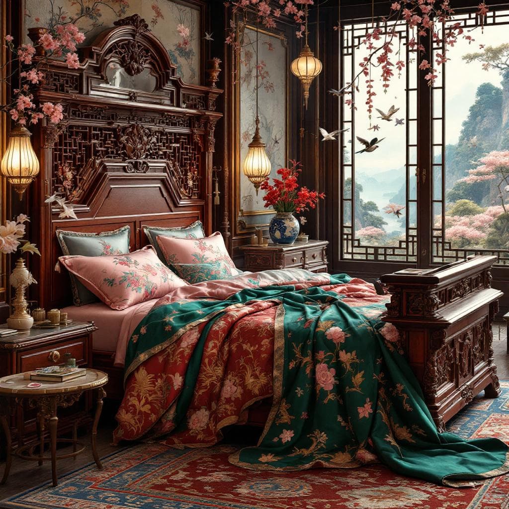 AI generated: (sex:1.4),NSFW,(hanfu),no bra,no panties,
redwood carved bed, mandarin ducks pattern, embroidered s...