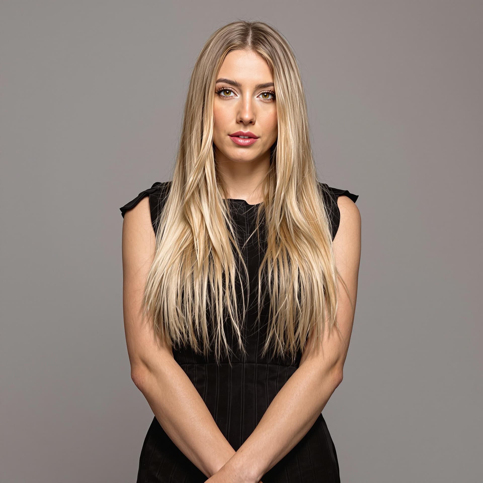 AI generated: A confident woman standing with her face directly to the viewer. Her long, straight hair cascades be...