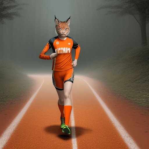 AI generated: lynx  on atletism track , dressed in running orange jersey, full body, xbox 360 graphics, surreal re...
