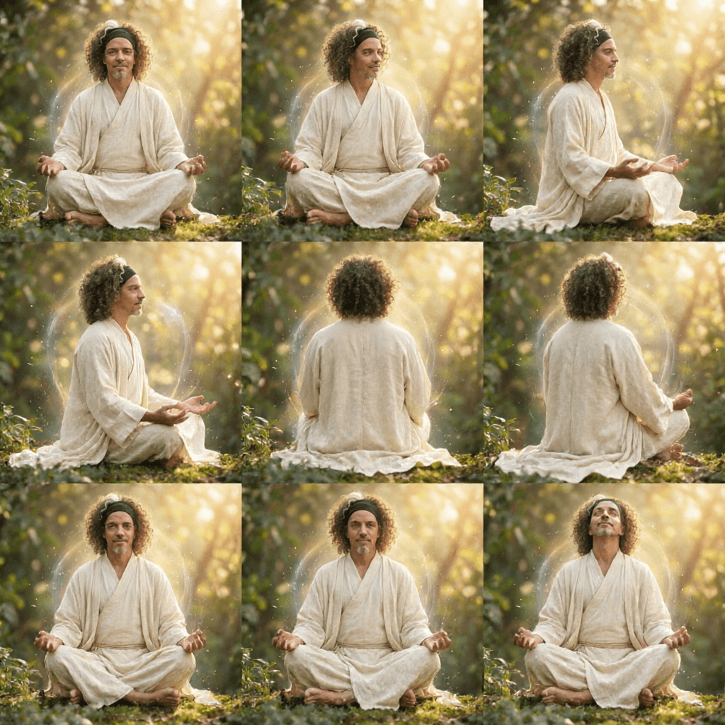 AI generated: create a visual study of 9 images, each where the character is rotating as if on a platform to show ...
