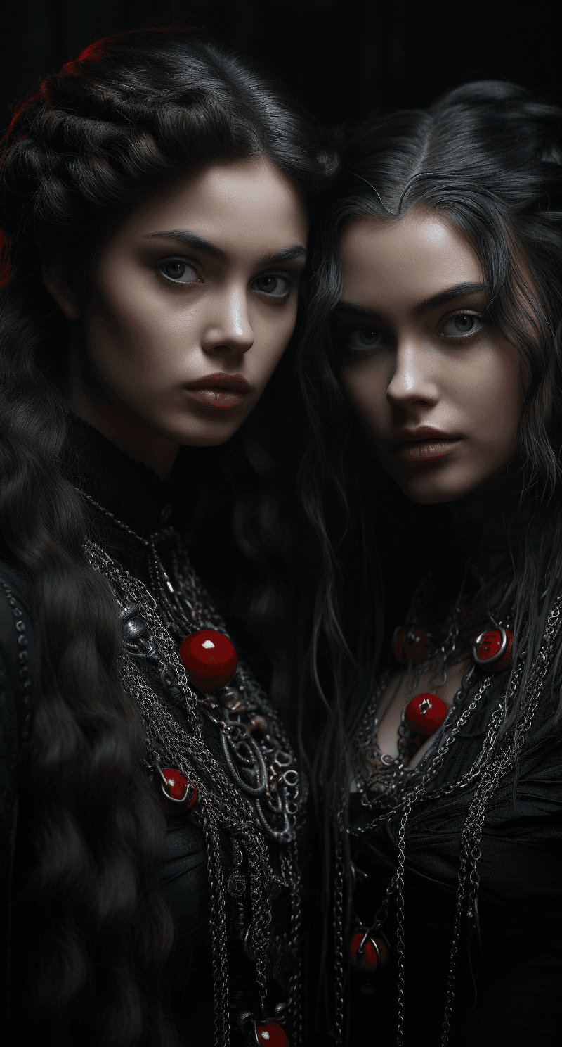 AI generated: the vampiric wallpaper showing two females posing with long hair and many necklaces, in the style of...