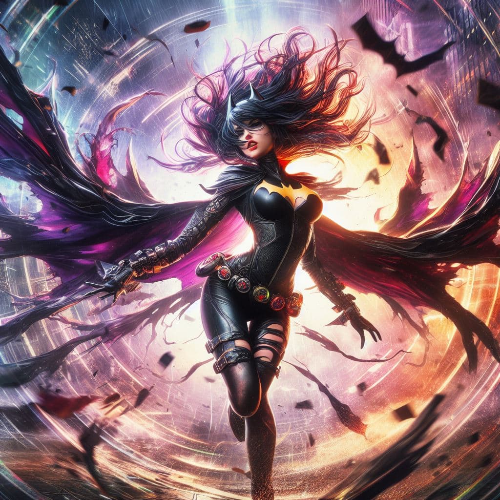 AI generated: "dancing whirling Beautiful badass Batgirl with dark aura around, overwhelmed by her power, cutely e...